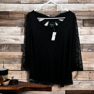 Roz & Ali Women's large Lined Lace 3/4 Sleeve Black Blouse Top new